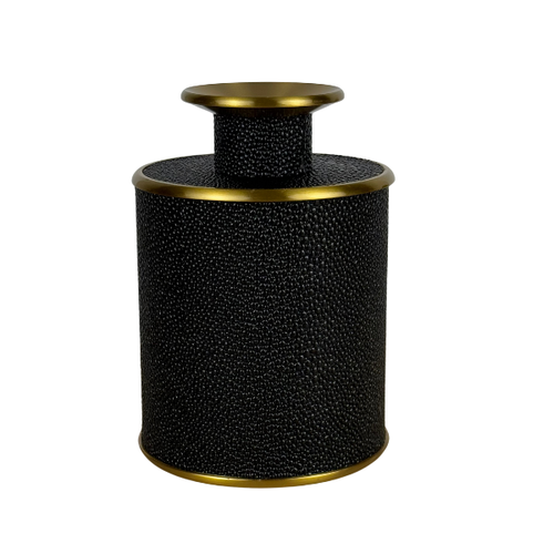 Round shagreen tissue box in black with gold rims