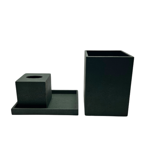 Dark Green Leather Waste Basket & Tissue Box Set w/ Tray