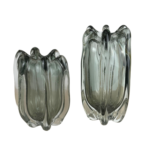 Luxury gray vases set from heavy glass with irregular design and wavy edges - 2 pieces