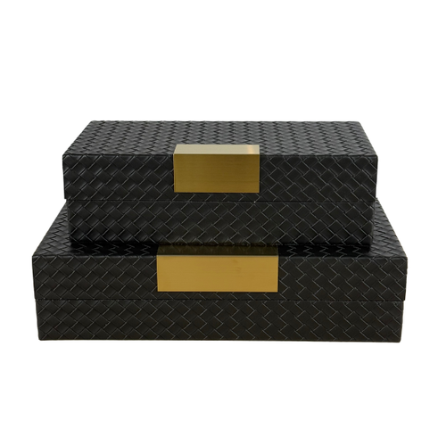 Set of 2 black leather and metal storage boxes