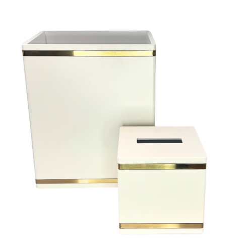 Beige Wood & Gold Metal Brass Line - Tissue Box & Waste Basket Set