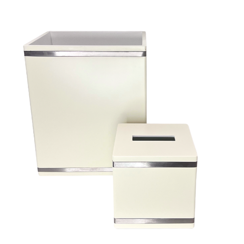 Beige Wood & Silver Metal Brass Line - Tissue Box & Waste Basket Set