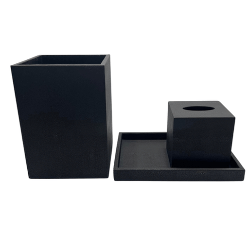 Black Leather Waste Basket & Tissue Box Set w/ Tray