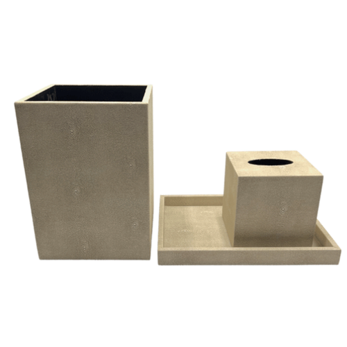 Beige Leather Waste Basket & Tissue Box Set w/ Tray