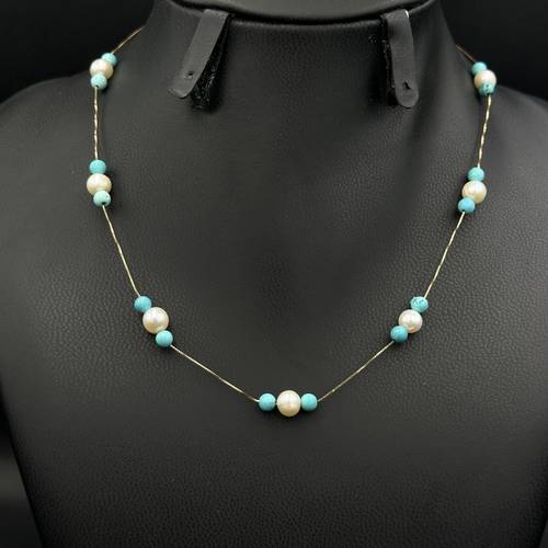 Necklace 18k Gold with Cultured Pearls and Turquoise