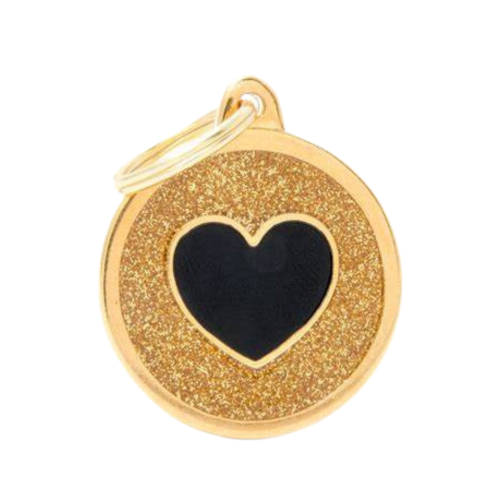 MF Tags GOLD BIG GLITTER CIRCLE BLACK HEART