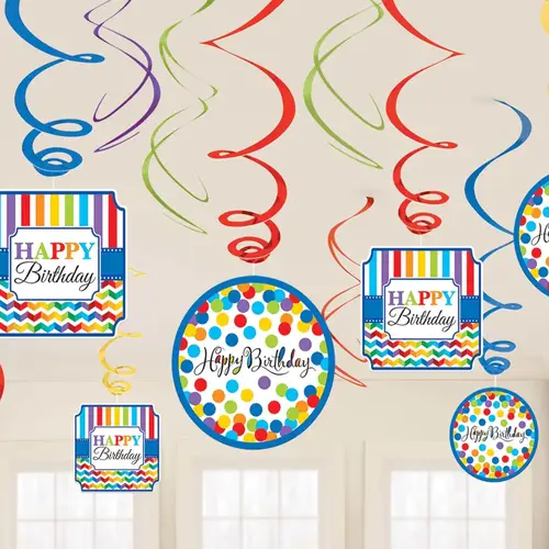Bright Birthday Swirl Decorations 12Pcs
