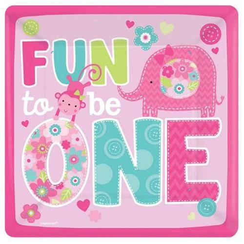 1st Bday Square Plate Pink Elephant