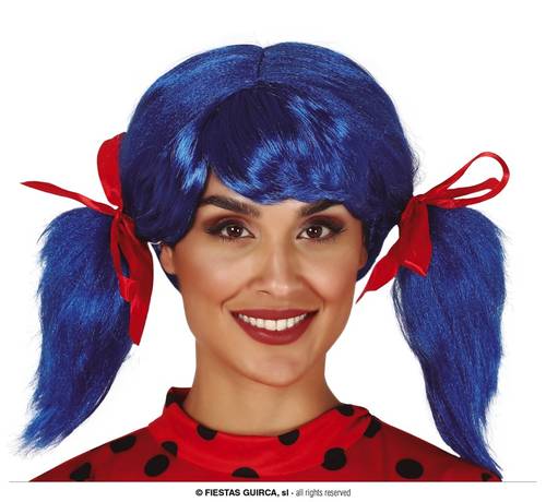 Blue Wig With Ponytail And Ribbon In Box