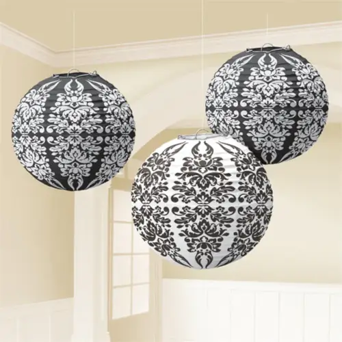 Black Damask Printed Lanterns, 3Pcs