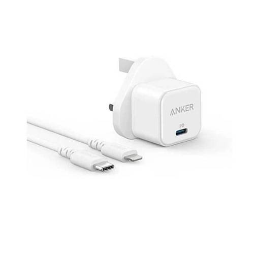 رأس جداري Anker  بمنفذ Type C مع كيبل Type C & Lightning بقوة 20W