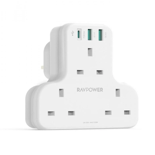 رأس جداري 3 مداخل طاقه مع منفذين USB ومنفذ Type C بتقنية RAVPOWER  PD  بقوة 20W
