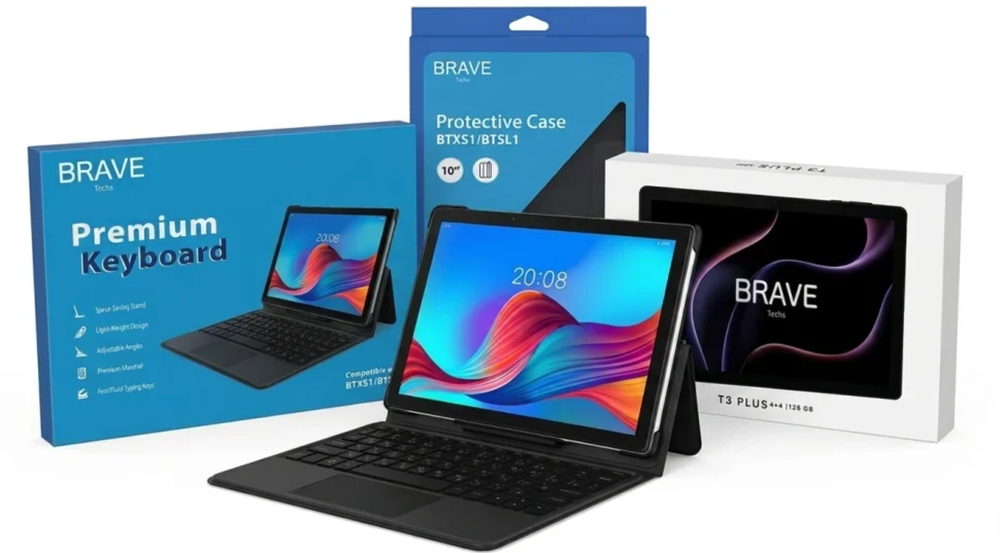 بريف تي 3 بلس BRAVE T3 PLUS ، سعة 128جيجا، 4+4 رام ، 10.1 بوصة , رمادي + كيبورد كفر