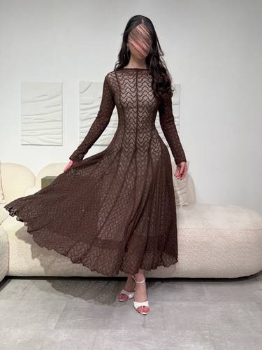 فستان فصوص استرتش بني - (XXXXL) الخصر 38 انش : الصدر 44 انش