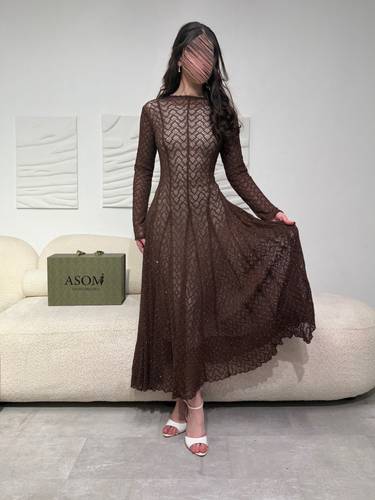 فستان فصوص استرتش بني - (XXXXL) الخصر 38 انش : الصدر 44 انش