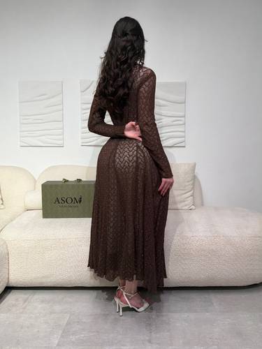 فستان فصوص استرتش بني - (XXXXL) الخصر 38 انش : الصدر 44 انش