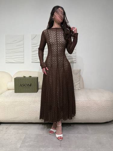 فستان فصوص استرتش بني - (XXXXL) الخصر 38 انش : الصدر 44 انش