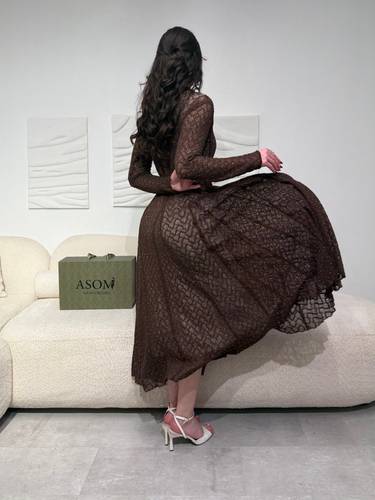 فستان فصوص استرتش بني - (XXXXL) الخصر 38 انش : الصدر 44 انش