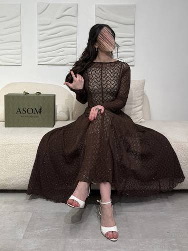فستان فصوص استرتش بني - (XXXXL) الخصر 38 انش : الصدر 44 انش