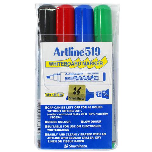 Artline EK-519/4W Whiteboard Marker, Plastic Barrel, Bullet Style 2.0 mm, Set of 4 Pens.