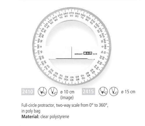 M+R - Full-Circle Protractor, Clear, 360 degrees, 10 cm