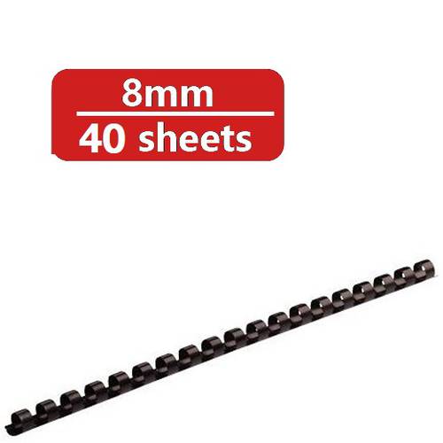BINDERMAX Spiral Binding Comb Plastic Ring,21 Ring,8mm, (40 Sheets), Box of 100 Pieces, Black