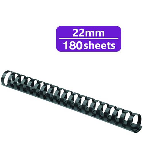 BINDERMAX Spiral Binding Comb Plastic Ring,21 Ring, 22mm, (180 Sheets), Box of 100 Pieces, Black