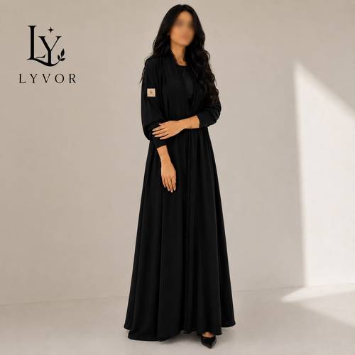 عباية كريب ملكي مع تطريز جوانب اسود كلوش L5404