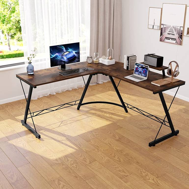 طاولة مكتب على شكل حرف L - بني داكن للمكتب - المنزل 