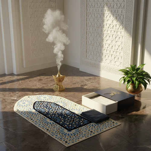 طقم سجادة صلاة تصميم أندلسي فاخر مع شرشف صلاة كبير-سرب الحرير لسجاد الصلاة الفاخر -
