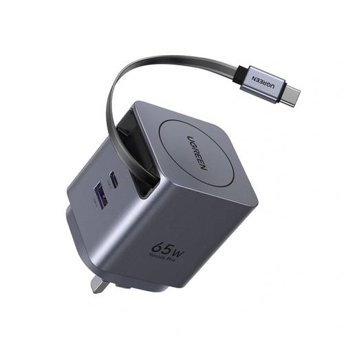 شاحن جداري يوجرين Nexode Pro بتقنية GaN وسلك قابل للسحب وبمنفذ USB-C وبمنفذ USB وبقوة 65 واط 