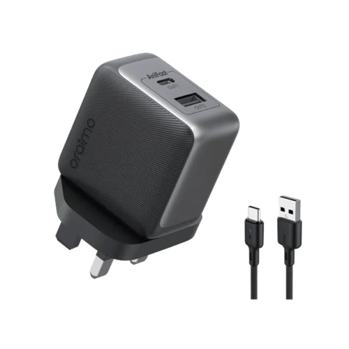 أورايمو شاحن جداري برو بتقنية GaN بمنفذ USB-C ومنفذ USB وبقوة 33 واط مع كيبل شاحن - أسود
