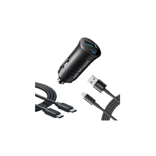 انكر - شاحن سيارة مدمج بقوة 30 واط كيبل لايتنينق تو usb و كيبل تايب سي الى تايب سي - اسود