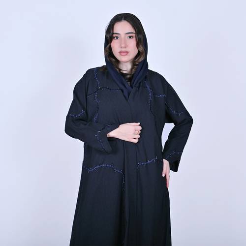 عباية لف بلون كحلي بتطريز وشك عشوائي على كامل العباية