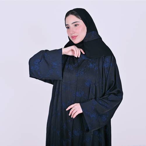 عباية لف كلوش وكم واسع بقماش صيفي منقش بزهور كحلية