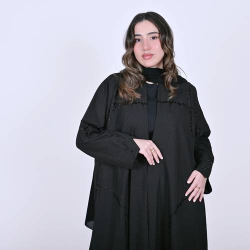 عباية لف سوداء بتطريز وشك عشوائي على كامل العباية