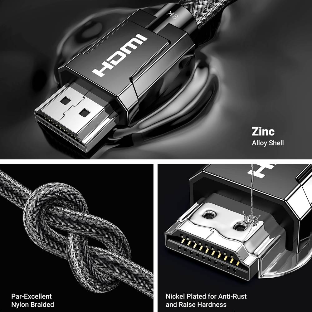 HDMI 2.1 HDMI Cable, M/M, Silver Zinc Alloy shell, Black nylon braid cable,  Support 8K@60HZ, 3M