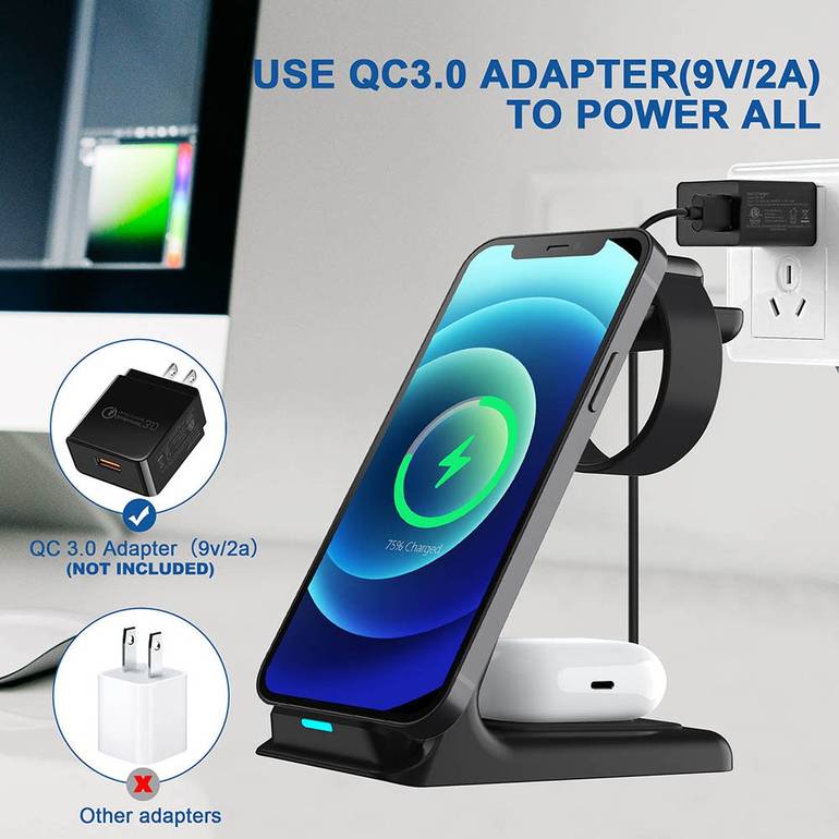 20W Wireless Charger Stand for iPhone 14 13 12 11 XR 8 Apple Watch 3 in 1 Qi Fast Charging Dock Station for AirPods Pro iWatch 7