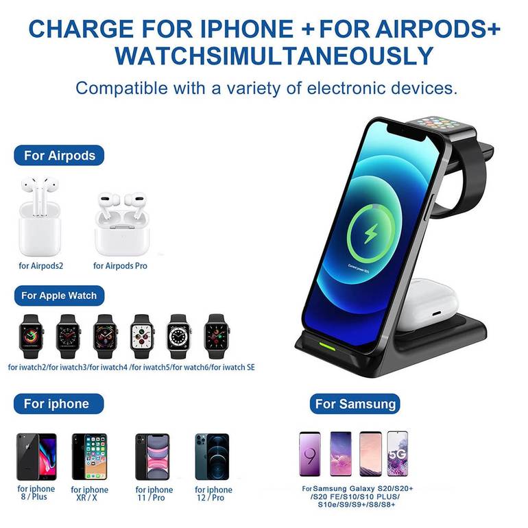 20W Wireless Charger Stand for iPhone 14 13 12 11 XR 8 Apple Watch 3 in 1 Qi Fast Charging Dock Station for AirPods Pro iWatch 7