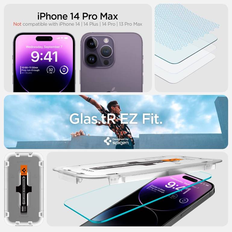 حامي شاشة الزجاج المزخرف Spigen [Glast EZ FIT] المصمم لـ iPhone 14 Pro Max [Case Friends] - حماية المستشعر / 2 حزمة