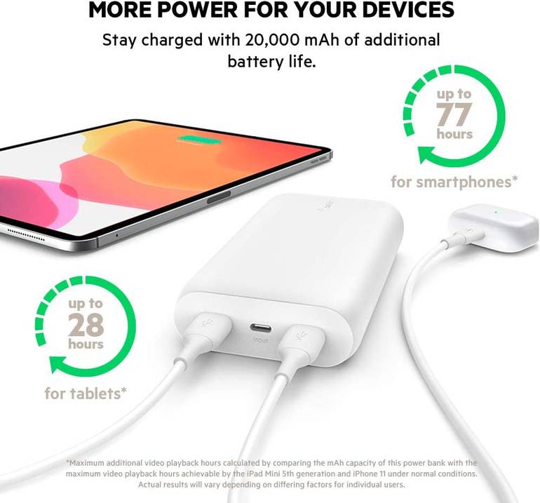 Belkin Portable Power Bank Charger 20k لـ iPhone 13 ، iPhone 13 Pro ، 13 Pro Max ، 13 Mini ، iPhone 12 ، Galaxy S22 ، Ultra ، Plus and More ، Black