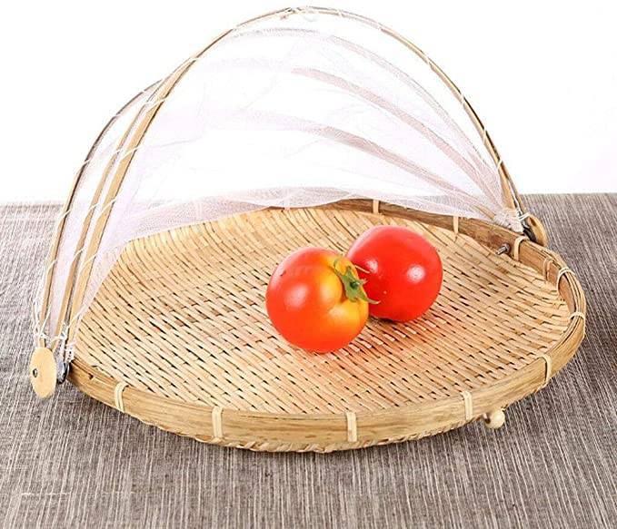proof Basket Dustproof Sun Basket Handmade Fruit Vegetable Bread Cover Rectangle Hand-Woven Bug Picnic Basket with Gauze