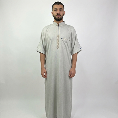 جلابية كتان نص كم  عرض 28-رقبه وسحاب - موديل 4032