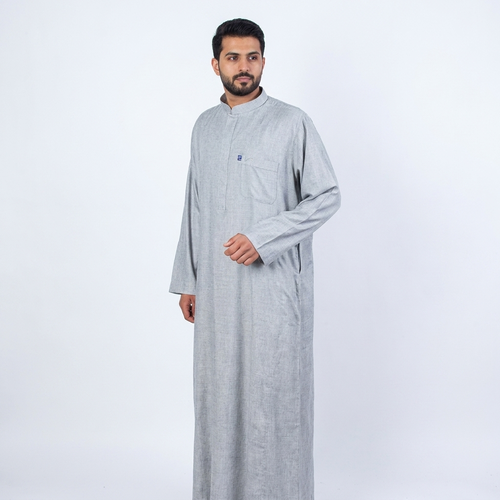 جلابية كتان بلو -كم طويل-ياقة وسحاب -عرض 28-موديل 4150