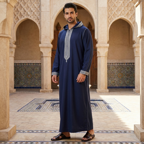 جلابية اكاف -كتان -مغربي  -كم طويل  مع قبعه 24009