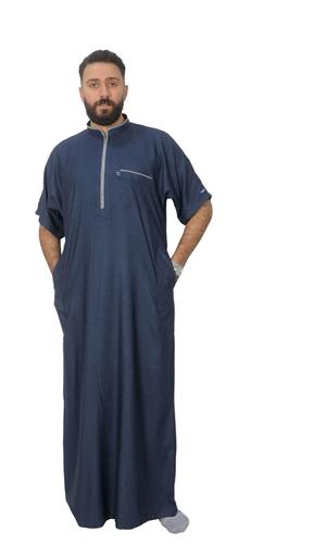 Akaaf Blue Jalabiya - Half Sleeves - Zipper and Collar - Width 26 - Model 4420
