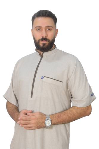 Akaaf Blue Jalabiya - Half Sleeves - Zipper and Collar - Width 26 - Model 4420