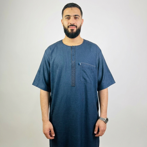 جلابية كتان نص كم - اكاف بلو -عرض 24  مخصر -موديل 4735