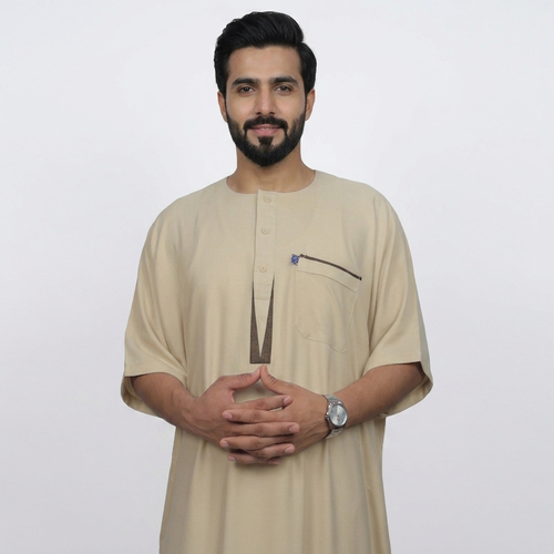 Linen jalabiya, blue, half sleeves, regular fit, width 32, model 4152