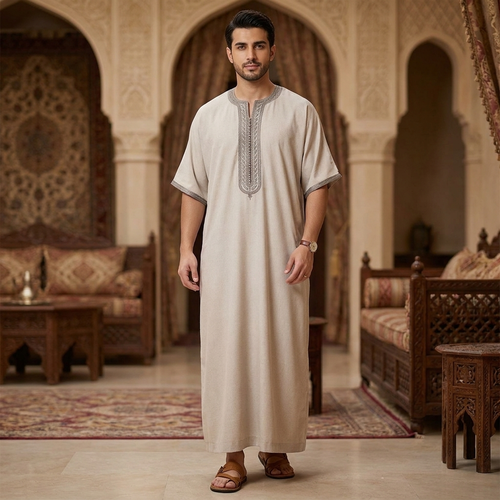جلابيه كتان راقي  مغربي نص كم رجالي  موديل 024